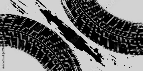 Tire tread marks, wheel textures, tire marks - car racing, motocross, drift, rally, off-road and others. Vector black isolated texture in grunge style with splashe