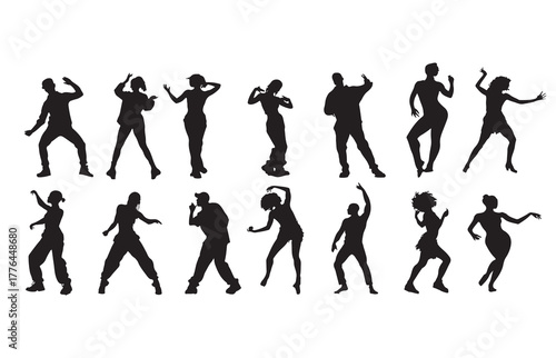 Silhouette of a group dance class with diverse participants enjoying their workout. Smiling people in a bright studio, moving energetically in a fun dance workout. Diverse people exercising in a fitne