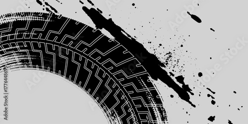 Tire tread marks, wheel textures, tire marks - car racing, motocross, drift, rally, off-road and others. Vector black isolated texture in grunge style with splashe