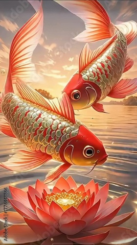 Graceful Koi Fish Artwork With Vibrant Lotus Flower in Tranquil Waters.jpg