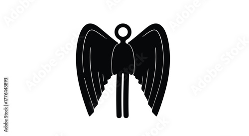 Stylized black silhouette of an angelic figure with outstretched wings against a white background