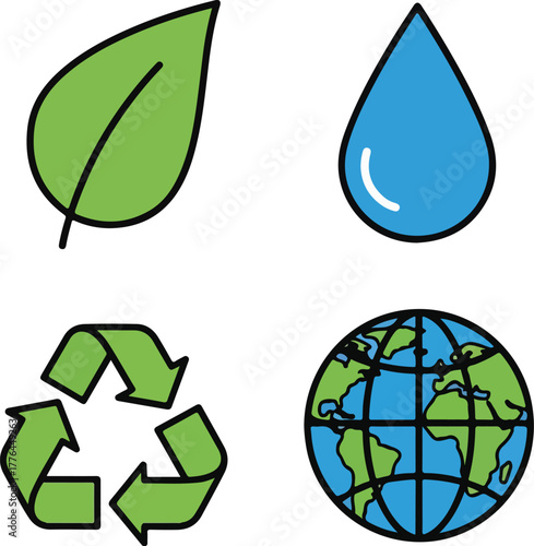 Flat design illustration of eco-friendly symbols including a leaf, water droplet, recycling arrows, and globe on a white background.