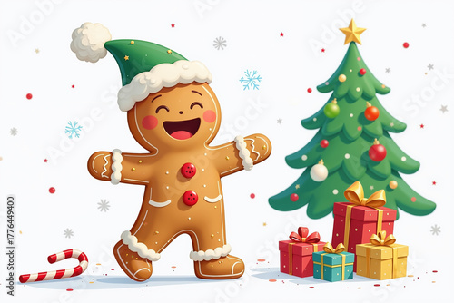Gingerbread man wearing a green hat, standing beside a decorated Christmas tree and colorful presents on a white background with snowflakes.
