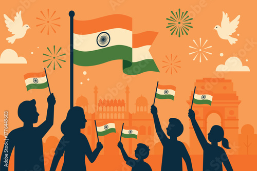 People celebrating Indian Independence Day with flags, iconic landmarks, doves, fireworks. Perfect for patriotic designs, events, education, cultural projects. Flat simple vector illustration 