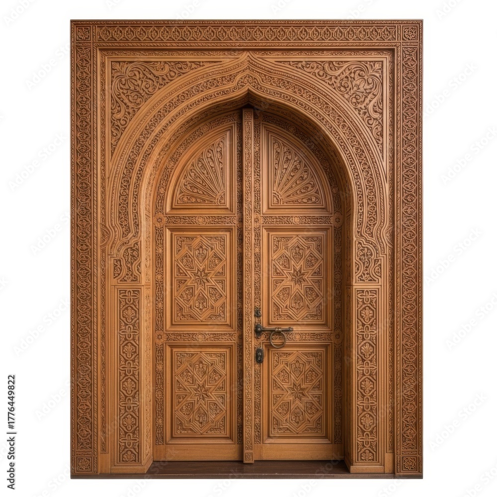 Fototapeta premium Intricately carved wooden archway door with detailed floral patterns isolated on white background