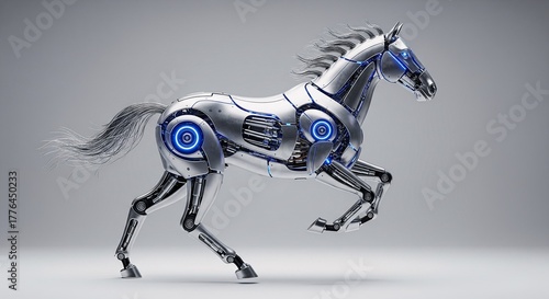 Silver Cybernetic Horse Galloping with Exposed Mechanics