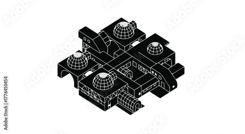 Abstract geometric architectural structure with domes on a white background