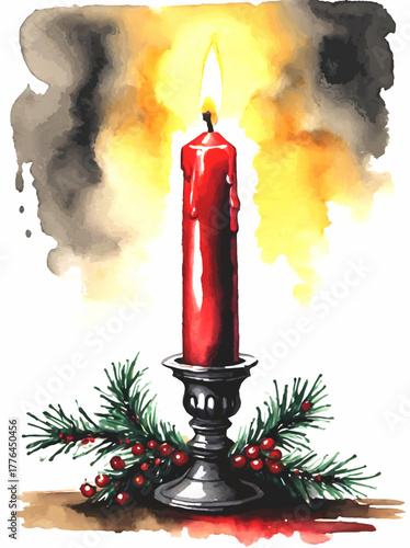 christmas candle with fir branch watercolor vector painting