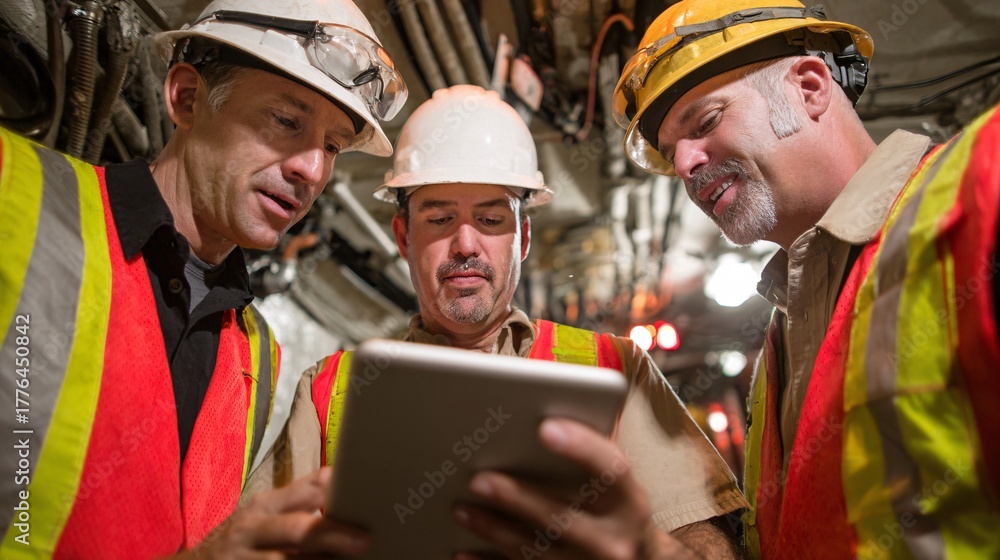 Obraz premium Construction Engineers Using Digital Tablet for Project Planning Underground