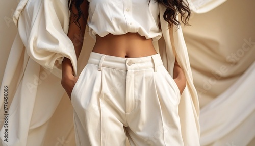 Elegant cream outfit with high waisted fabric and pants