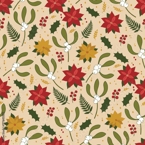 Christmas Mistletoe Pattern Vector. Seamless Botanical Foliage Pattern Background with Abstract Mistletoe, Poinsettias, and Fern Fronds.