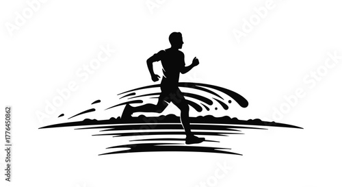 Dynamic silhouette of a runner in motion with abstract splashes, conveying speed and energy.