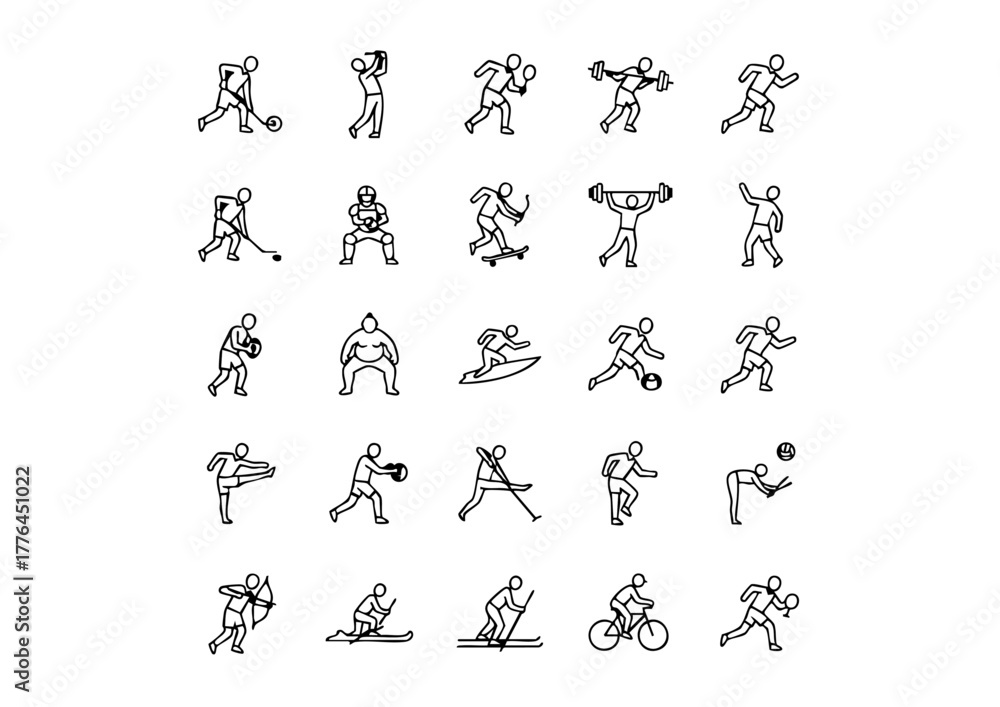 Fototapeta premium Athletic Icons: 25 Black & White Sportsman Silhouettes, Diverse Sports Vector Set: Minimalist Athlete Icons, Game Faces: Thick Black & White Sports Icon Collection
