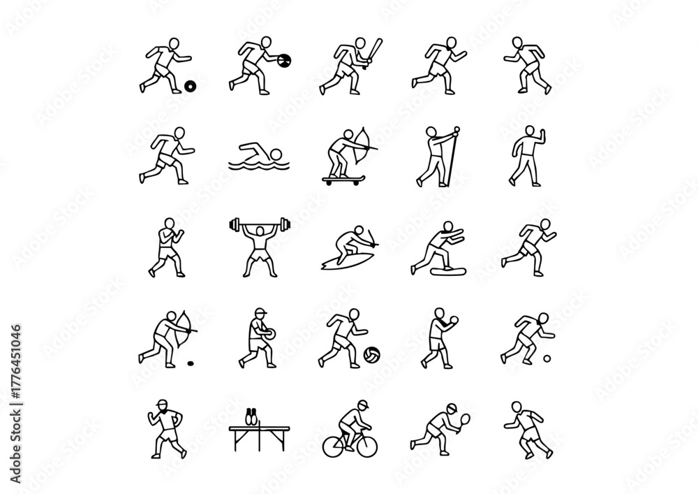 Obraz premium Athletic Icons: 25 Black & White Sportsman Silhouettes, Diverse Sports Vector Set: Minimalist Athlete Icons, Game Faces: Thick Black & White Sports Icon Collection