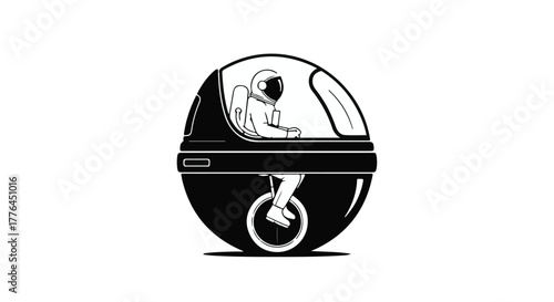 Astronaut rides futuristic single-wheel vehicle through unknown galaxy.