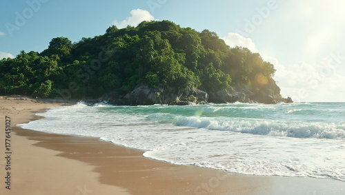 TropicalBeachWithLushGreenHills