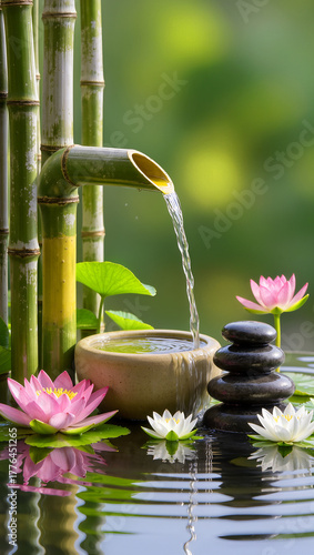 japanese zen garden,  Background concept of relaxing, relieves stress, anxiety, natural element water, stones, plant and flower