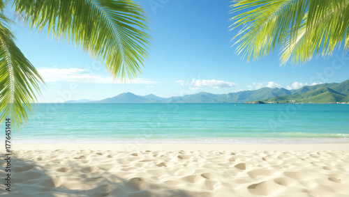 TropicalBeachWithPalmLeavesAndMountains