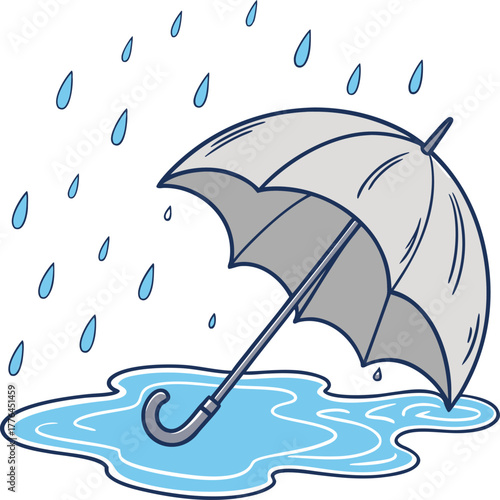 Cartoon style gray umbrella with blue raindrops and a puddle
