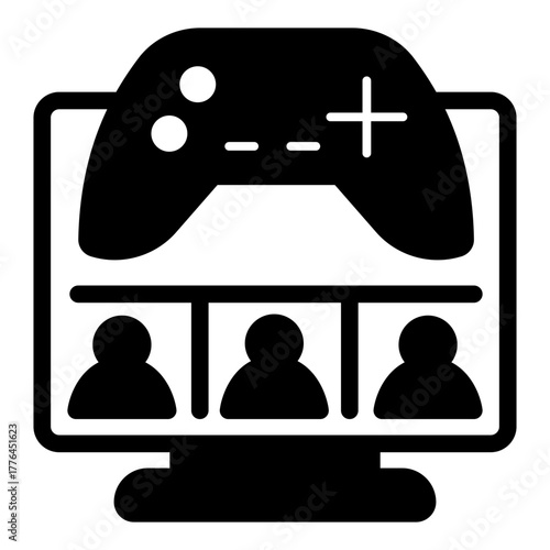 Monitor screen with users and joystick solid icon, multiplayer gaming concept. Vector graphics. In game sign on white background, style icon mobile or web design.