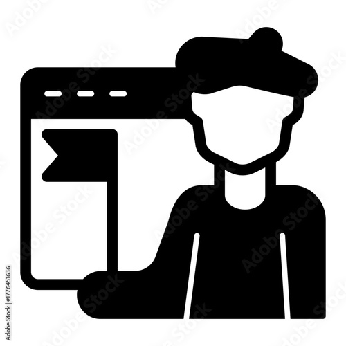 Artist man with flag and website window solid icon, portfolio page concept. Vector graphics. Famous person, publicity sign on white background, style icon mobile or web design.