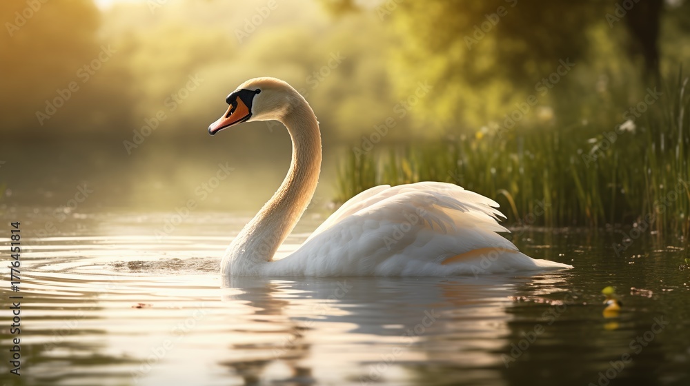 Fototapeta premium Graceful Swan in Serene Waters: A majestic swan glides peacefully across tranquil water, its pristine white feathers contrasting beautifully against the soft morning light.