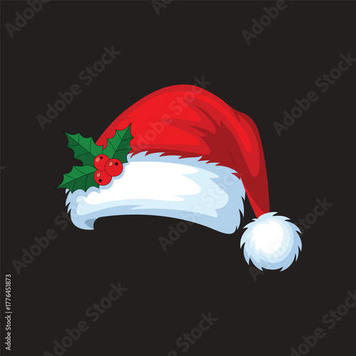 Festive Santa Hat: A cheerful santa hat, adorned with a vibrant red hue and accented by a lush sprig of holly with bright red berries, embodying the spirit of Christmas and festive cheer.