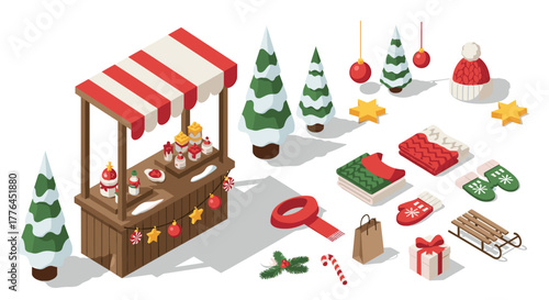 Isometric christmas market stall with festive decorations and winter apparel