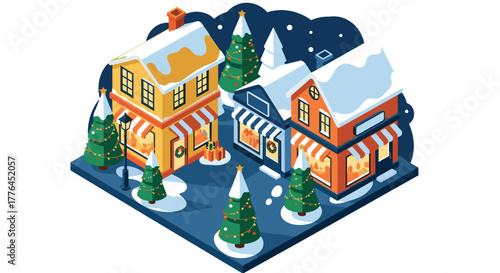 Festive isometric christmas village with snowy rooftops and decorated trees