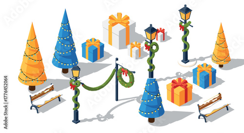 Festive winter park scene with christmas trees, presents, and decorated street lamps in isometric style