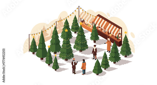 Cozy christmas tree market in winter wonderland with festive decorations