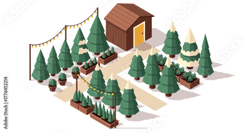 Christmas tree farm with festive lights and wooden cabin in isometric style