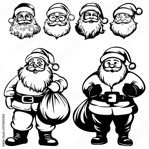 Full length silhouette of Santa Claus with a bag of gifts and a portrait of Santa, set, vector