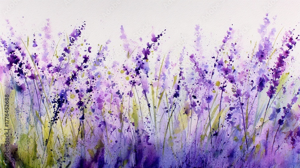 Obraz premium Lavender Field in Watercolor: A vibrant watercolor painting captures the essence of a lavender field in full bloom. The artwork portrays the beauty of nature through strokes of purple and green.