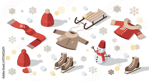 Winter clothing and activities in isometric style with snowflakes and snowman