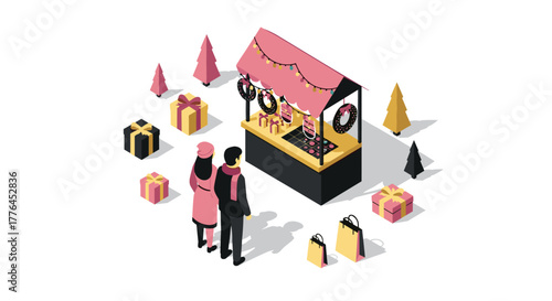 Isometric holiday market with people and gifts in winter wonderland scene
