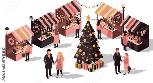 Festive christmas market with stalls and holiday shoppers in isometric style