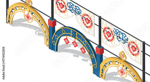 Isometric decorative metal fencing with geometric patterns in red and blue