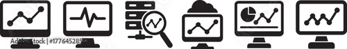 Monitoring icon set in bold silhouette style for data analysis, system, and security design.