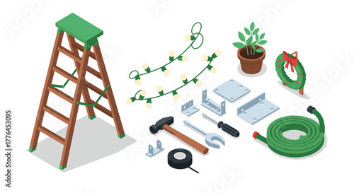 Isometric gardening and diy tools set with ladder and festive decorations