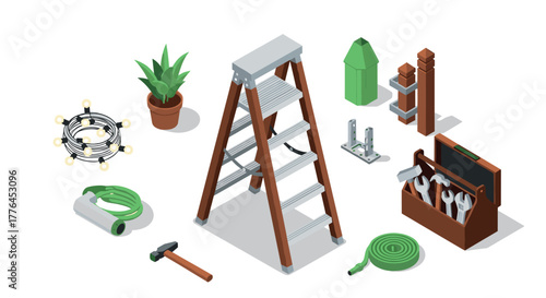 Isometric gardening tools and ladder set with potted plant