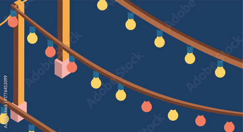 Colorful string lights on dark background with isometric perspective