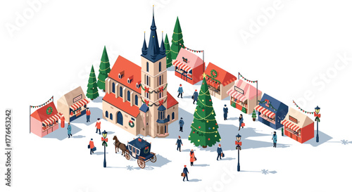 Festive christmas village market with stalls, horse carriage, and holiday decorations in isometric style