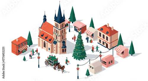 Festive christmas market scene with holiday decorations and snowy ambiance