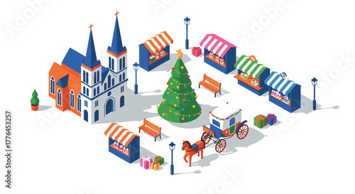 Isometric christmas market scene with festive cathedral and carriage