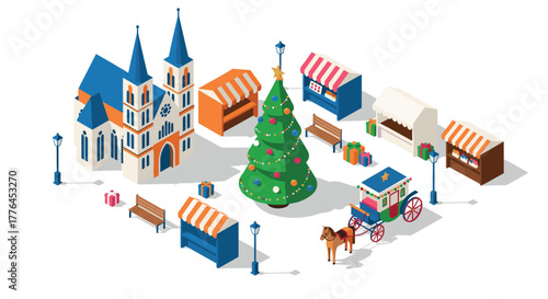 Festive christmas market scene with tree and stalls in isometric winter village