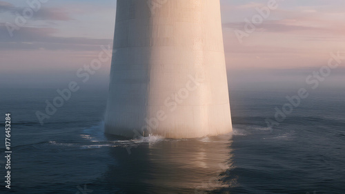 tall white column rising from calm ocean, pastel sky