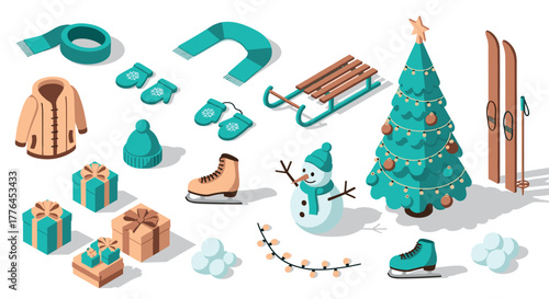 Winter holiday icons christmas tree, snowman, skis, and gifts in isometric style
