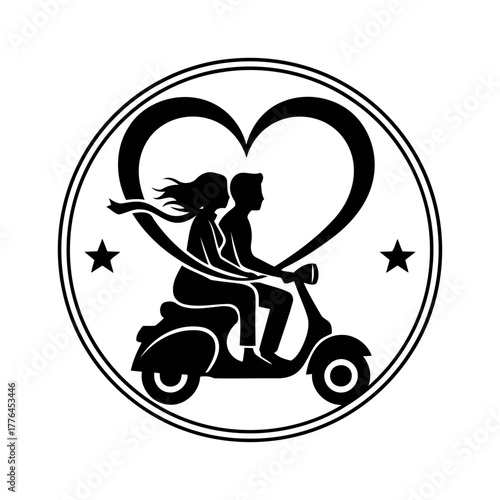 Vector art of silhouette of a couple riding a scooter
