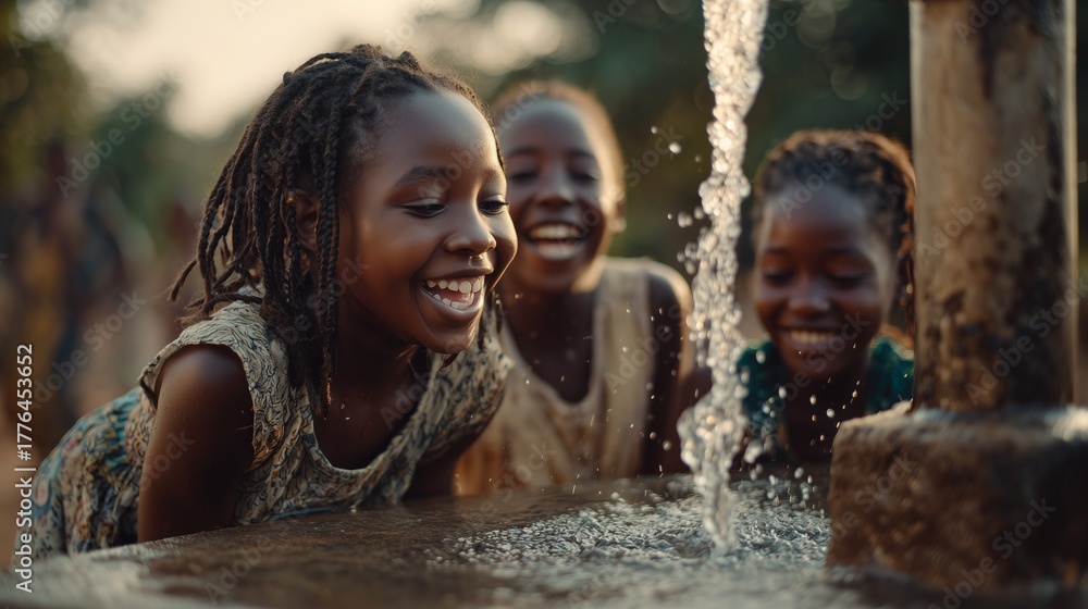 Obraz premium Three girls lean over a water pump, eagerly watching the water splash into their containers. The girls share laughter as they fill the containers, enjoying the refreshing experienc